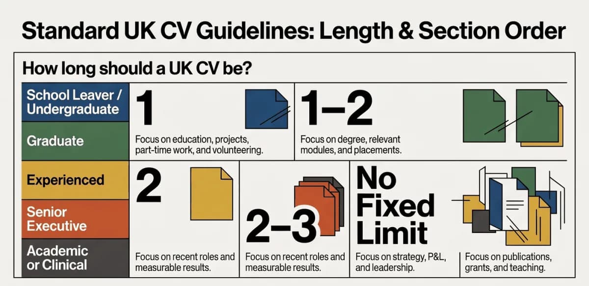 Panjang CV Inggris menurut tahap karier: 1 halaman untuk lulusan sekolah, 1–2 halaman untuk lulusan perguruan tinggi, 2 halaman untuk kandidat berpengalaman, 2–3 untuk eksekutif senior, lebih panjang untuk CV akademik