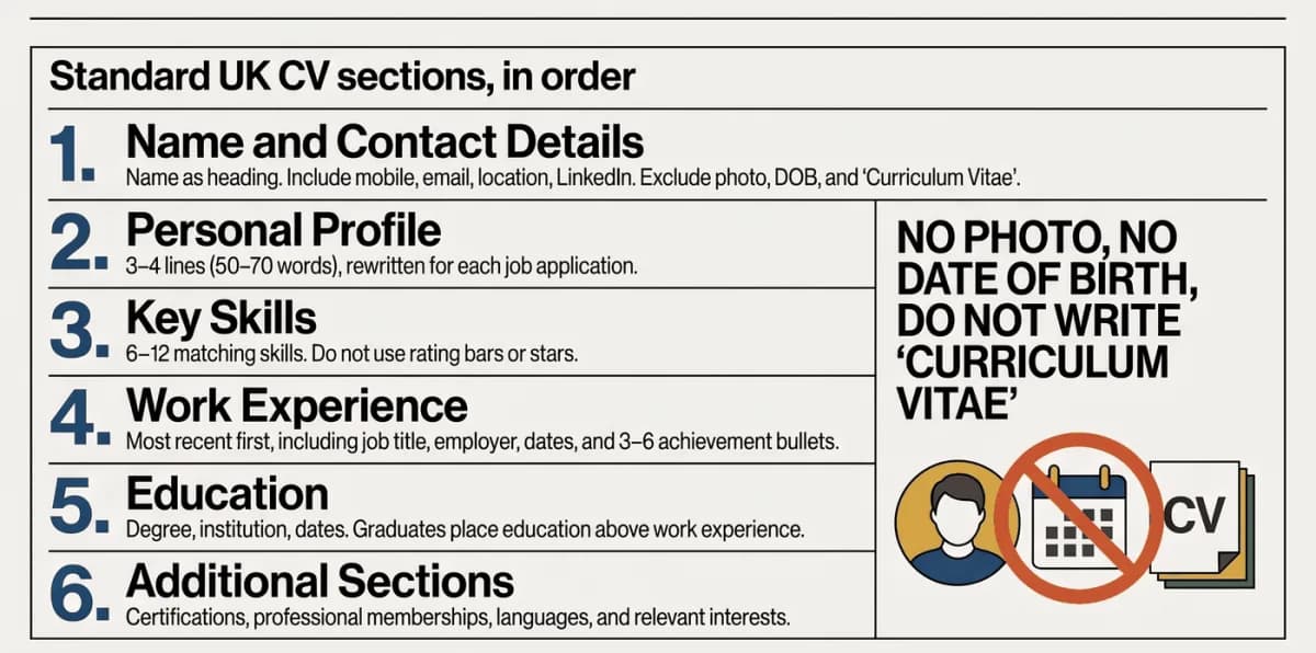 Struktur CV Inggris standar: nama dan kontak, profil pribadi, keterampilan utama, pengalaman kerja, pendidikan, bagian tambahan
