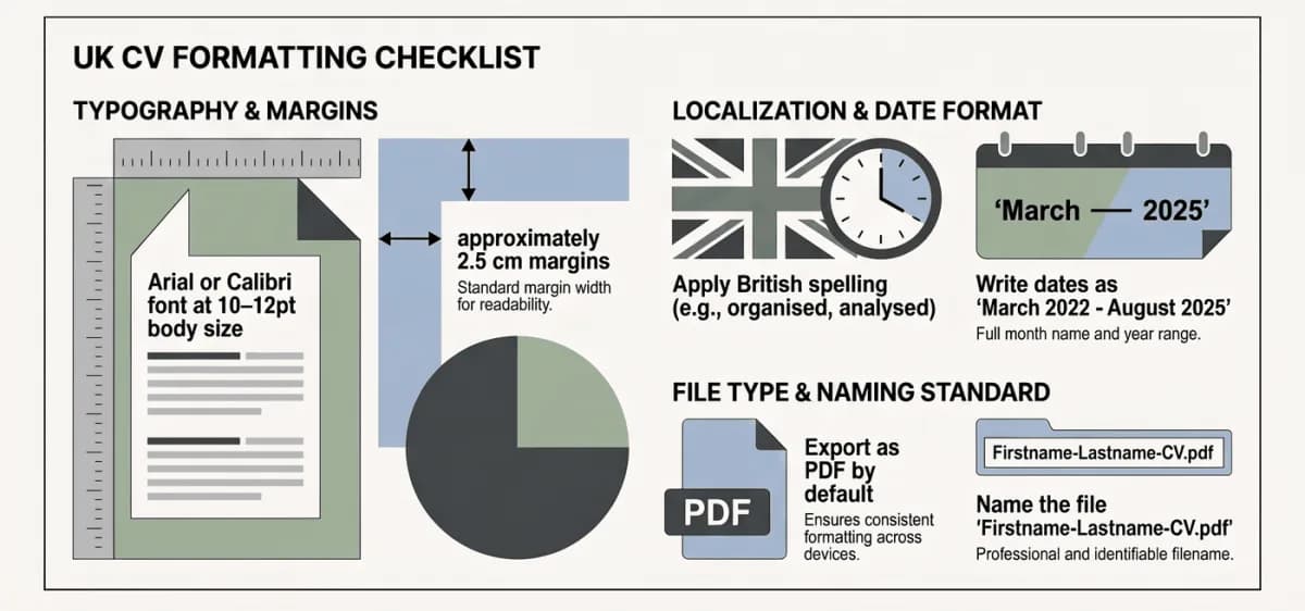 Daftar periksa format CV Inggris: font 10–12pt, margin 2,5 cm, ejaan Inggris Britania, tanggal Bulan Tahun, file PDF bernama Firstname-Lastname-CV