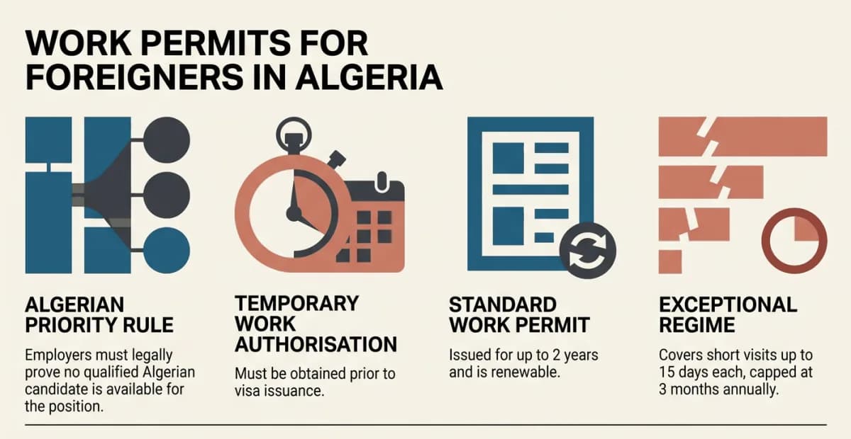 Algeria work permits for foreigners: employer must show no qualified Algerian is available; temporary work authorisation, work permit up to 2 years, short-term exceptional regime