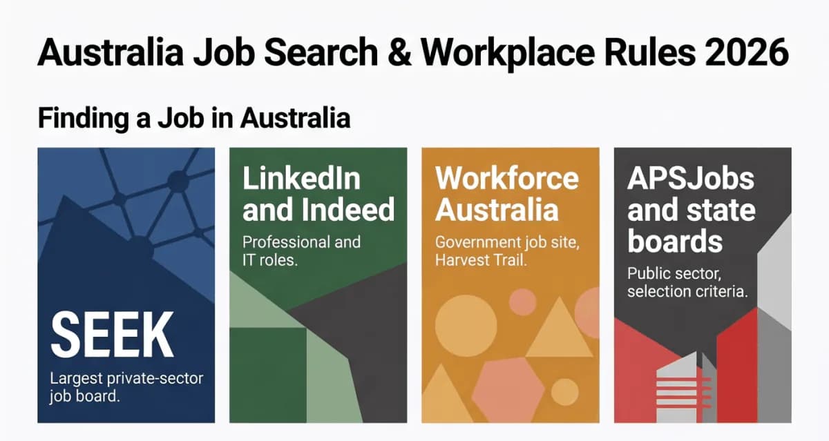การหางานในออสเตรเลีย: SEEK สำหรับงานภาคเอกชน, LinkedIn และ Indeed สำหรับตำแหน่งวิชาชีพและไอที, Workforce Australia พร้อม Harvest Trail และ APSJobs กับเว็บหางานของรัฐสำหรับภาครัฐ