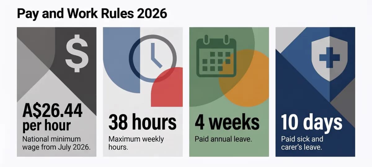 ค่าจ้างและกฎการทำงานในออสเตรเลียปี 2026: ค่าจ้างขั้นต่ำ A$26.44 ต่อชั่วโมงตั้งแต่กรกฎาคม 2026, ทำงานสัปดาห์ละ 38 ชั่วโมง, วันหยุดพักผ่อนประจำปีแบบได้รับค่าจ้าง 4 สัปดาห์ และลาป่วยกับลาดูแลครอบครัวแบบได้รับค่าจ้าง 10 วัน