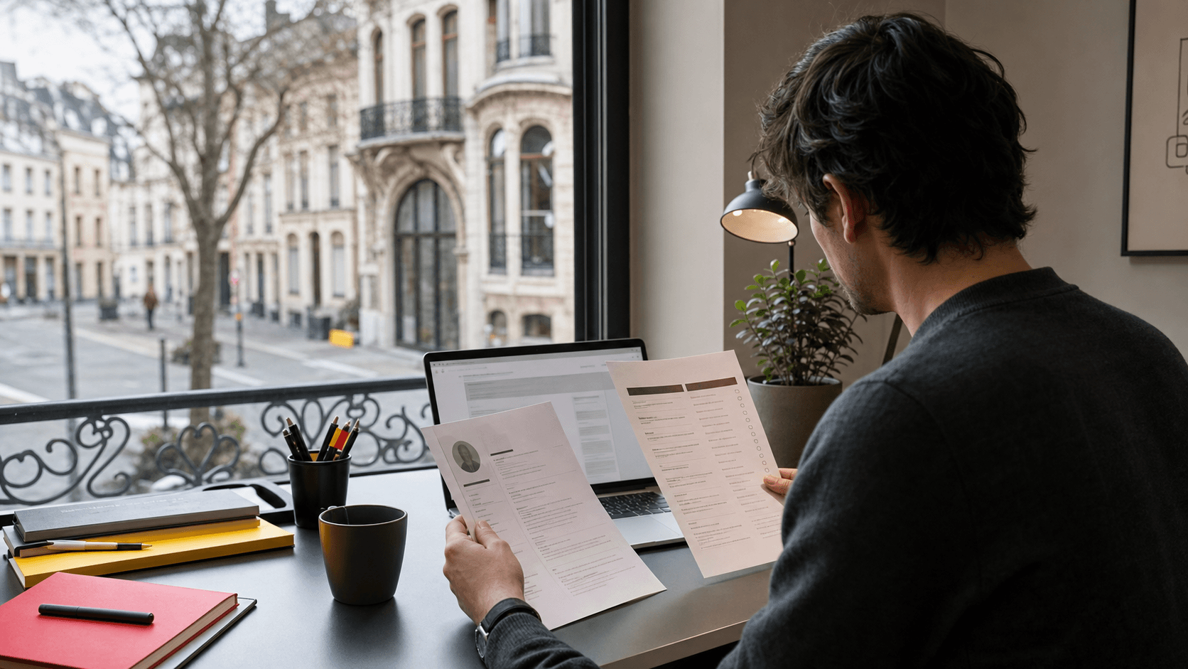 A fictional job seeker comparing two clean Belgium CV layouts beside a laptop