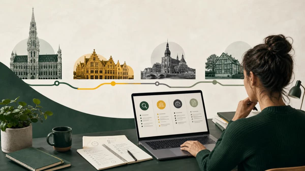 A fictional job seeker comparing several Belgium job-search channels on a laptop, with abstract routes connecting Belgian city scenes