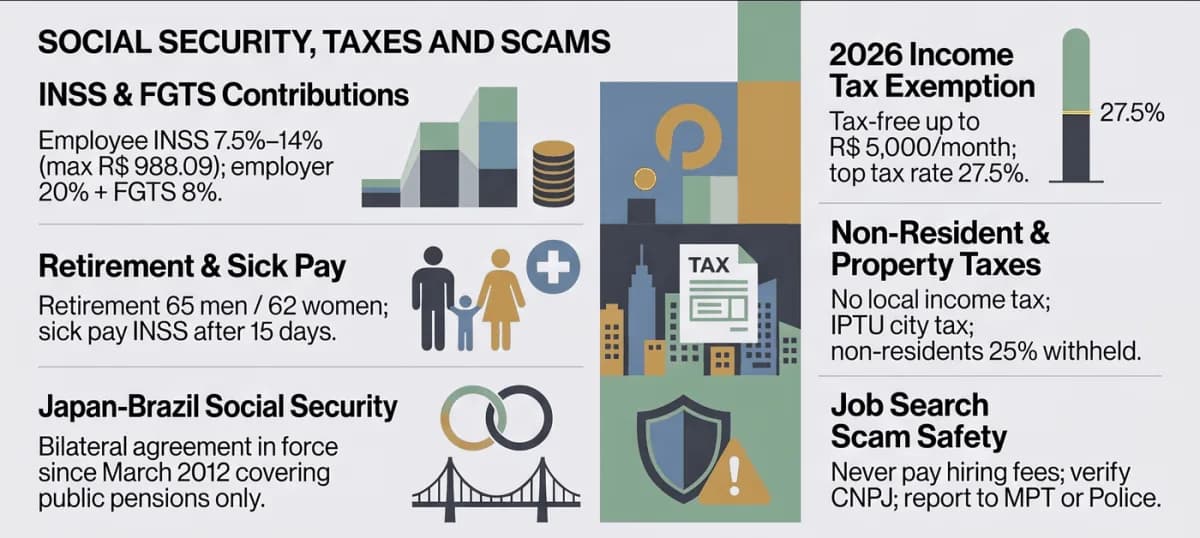 ประกันสังคม ภาษี และมิจฉาชีพในบราซิลปี 2026: INSS ของลูกจ้าง 7.5% ถึง 14% ไม่เกินเพดาน R$ 8,475.55; นายจ้างจ่าย 20% บวก RAT; FGTS 8% นายจ้างเป็นผู้จ่าย; รายได้ไม่เกิน R$ 5,000 ต่อเดือนปลอดภาษีเงินได้ตั้งแต่ปี 2026; ห้ามจ่ายเงินเพื่อให้ได้งานเด็ดขาด