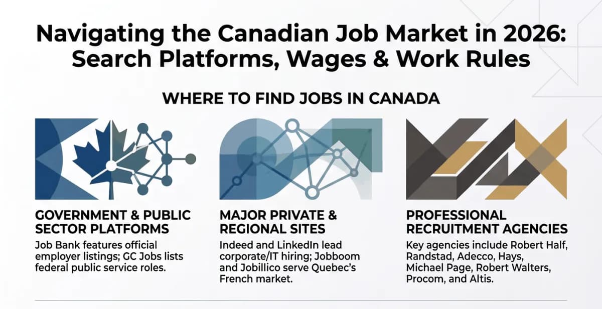 Mencari kerja di Kanada: Job Bank untuk lowongan nasional dan iklan LMIA, Indeed dan LinkedIn untuk pekerjaan sektor swasta, situs karier pemerintah untuk sektor publik, dan Jobboom untuk pekerjaan berbahasa Prancis di Quebec