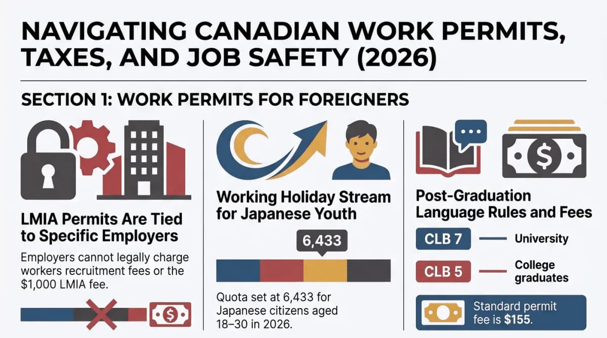 Izin kerja bagi orang asing di Kanada: izin berbasis LMIA melalui Temporary Foreign Worker Program, International Experience Canada untuk warga negara Jepang berusia 18 hingga 30 tahun, izin kerja pascastudi, dan biaya izin kerja C$155