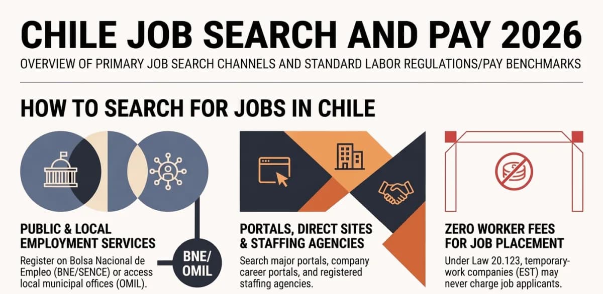 ช่องทางหางานในชิลี 2026: ลงทะเบียนกับ Bolsa Nacional de Empleo (BNE/SENCE) หรือสำนักงาน OMIL ของเทศบาล; ค้นหางานในเว็บไซต์หางานรายใหญ่ หน้าสมัครงานของบริษัท และบริษัทจัดหางานที่ขึ้นทะเบียน; ตามกฎหมาย 20.123 บริษัทจัดหาแรงงานชั่วคราว (EST) ห้ามเรียกเก็บเงินจากผู้สมัครโดยเด็ดขาด