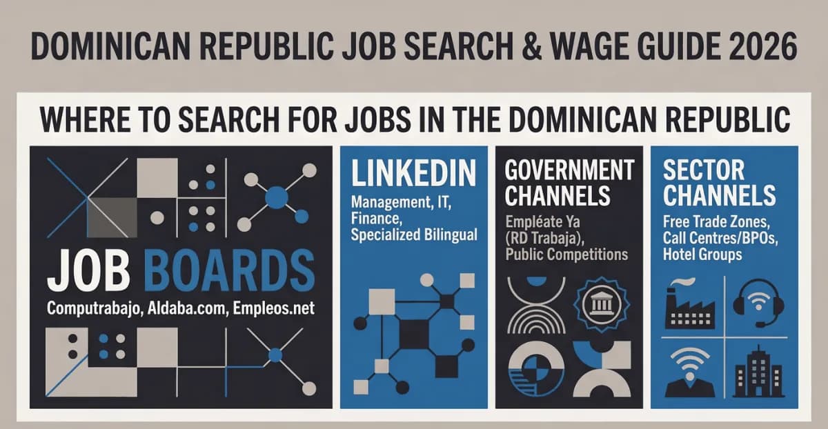 Where to search for jobs in the Dominican Republic: job boards, LinkedIn, the Ministry of Labour's Empléate Ya, public competitions and sector employers