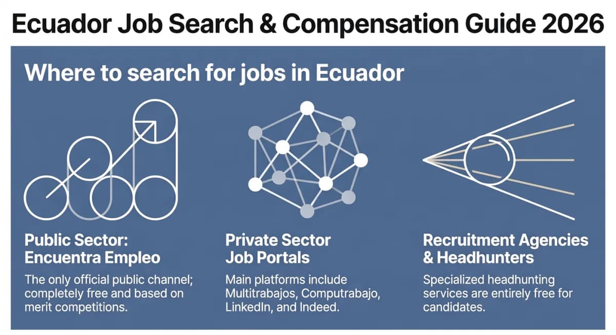 أين تبحث عن عمل في الإكوادور: Encuentra Empleo للوظائف العامة، وMultitrabajos وComputrabajo وLinkedIn للوظائف الخاصة