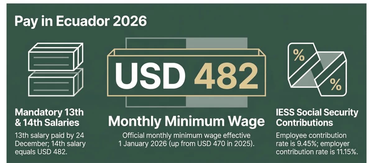الحد الأدنى للأجور في الإكوادور 2026: USD 482 شهريًا اعتبارًا من 1 يناير 2026، إضافة إلى الراتبين الثالث عشر والرابع عشر واشتراكات IESS