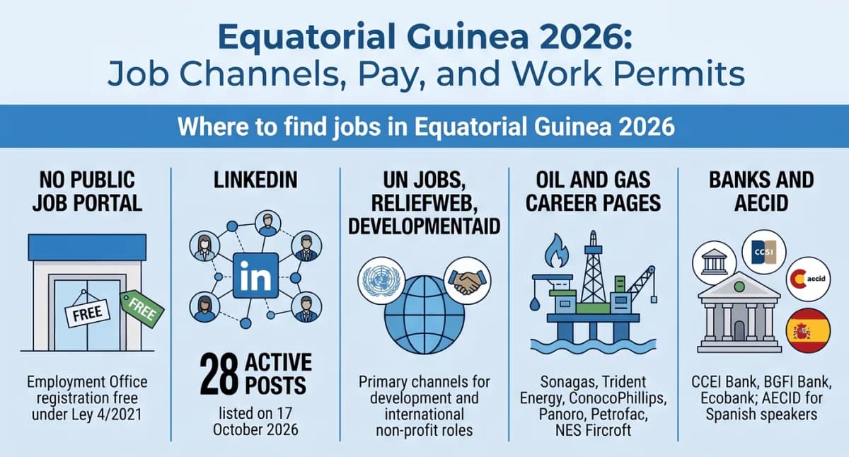 ช่องทางหางานในอิเควทอเรียลกินี 2026: ไม่มีพอร์ทัลหางานของรัฐที่ใช้งานได้ ดังนั้นให้ผสม LinkedIn เว็บหางานระดับนานาชาติ หน้าของบริษัทน้ำมันและก๊าซ บริษัทจัดหางาน และธนาคาร; การลงทะเบียนที่สำนักงานจัดหางานไม่เสียค่าใช้จ่าย และนายจ้างห้ามเรียกเงินเพื่อรับคุณเข้าทำงาน