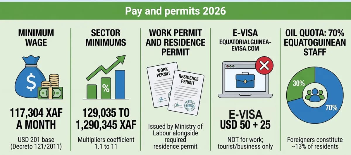 ค่าจ้างและใบอนุญาตในอิเควทอเรียลกินี 2026: ค่าจ้างขั้นต่ำ 117,304 XAF ต่อเดือน (ประมาณ 201 ดอลลาร์สหรัฐ); ค่าจ้างขั้นต่ำรายสาขาอยู่ระหว่าง 129,035 ถึง 1,290,345 XAF; e-visa สำหรับนักท่องเที่ยวและผู้มาติดต่อธุรกิจเท่านั้น ไม่ใช่สำหรับการทำงาน; ชาวต่างชาติต้องมีใบอนุญาตทำงานและใบอนุญาตพำนัก