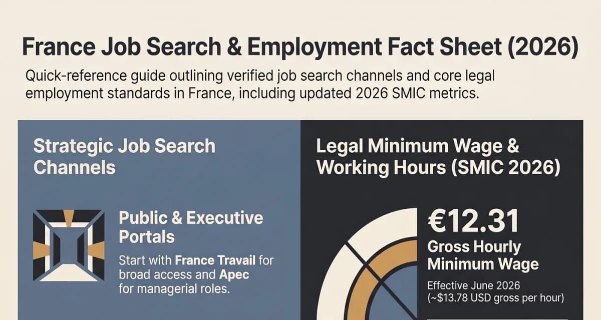 ข้อมูลสำคัญการหางานในฝรั่งเศสปี 2026: เริ่มที่ France Travail สำหรับงานทั่วไป และ Apec สำหรับตำแหน่งผู้บริหาร ค่าจ้างขั้นต่ำ SMIC 12.31 ยูโรต่อชั่วโมง (ก่อนหักภาษี) ตั้งแต่มิถุนายน 2026 ประมาณ 13.78 ดอลลาร์