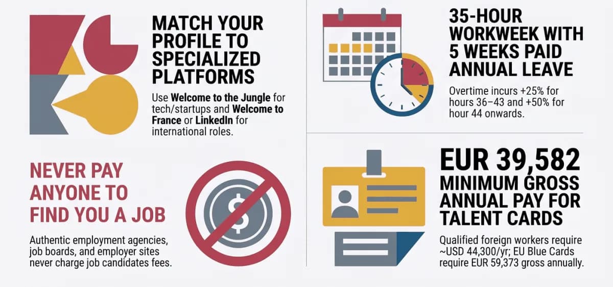 ฝรั่งเศสสำหรับผู้หางานต่างชาติ: Welcome to the Jungle, Welcome to France และ LinkedIn สำหรับตำแหน่งระดับนานาชาติ อย่าจ่ายเงินให้ใครเพื่อหางาน ทำงานสัปดาห์ละ 35 ชั่วโมงพร้อมลาพักร้อน 5 สัปดาห์ Talent card ตั้งแต่ 39,582 ยูโรต่อปี และ EU Blue Card ตั้งแต่ 59,373 ยูโร