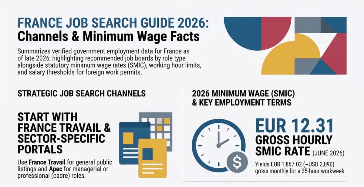 คู่มือหางานในฝรั่งเศสปี 2026: เริ่มที่ France Travail และเว็บไซต์เฉพาะสาขา Apec สำหรับผู้บริหารและผู้เชี่ยวชาญ SMIC 12.31 ยูโรต่อชั่วโมงตั้งแต่มิถุนายน 2026 และ 1,867.02 ยูโรต่อเดือนสำหรับสัปดาห์ละ 35 ชั่วโมง