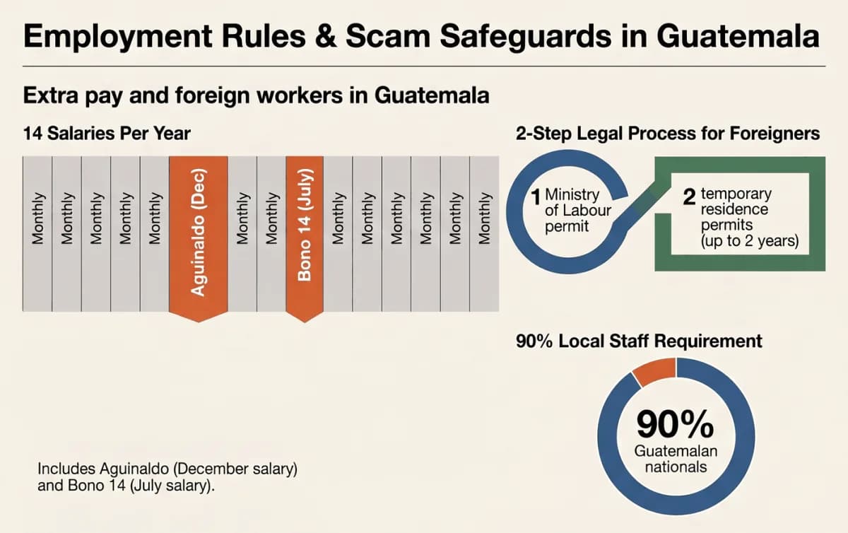 Langkah izin kerja Guatemala bagi warga asing: izin kerja Kementerian Tenaga Kerja, lalu izin tinggal sementara di Lembaga Imigrasi Guatemala; aturan 90% staf Guatemala