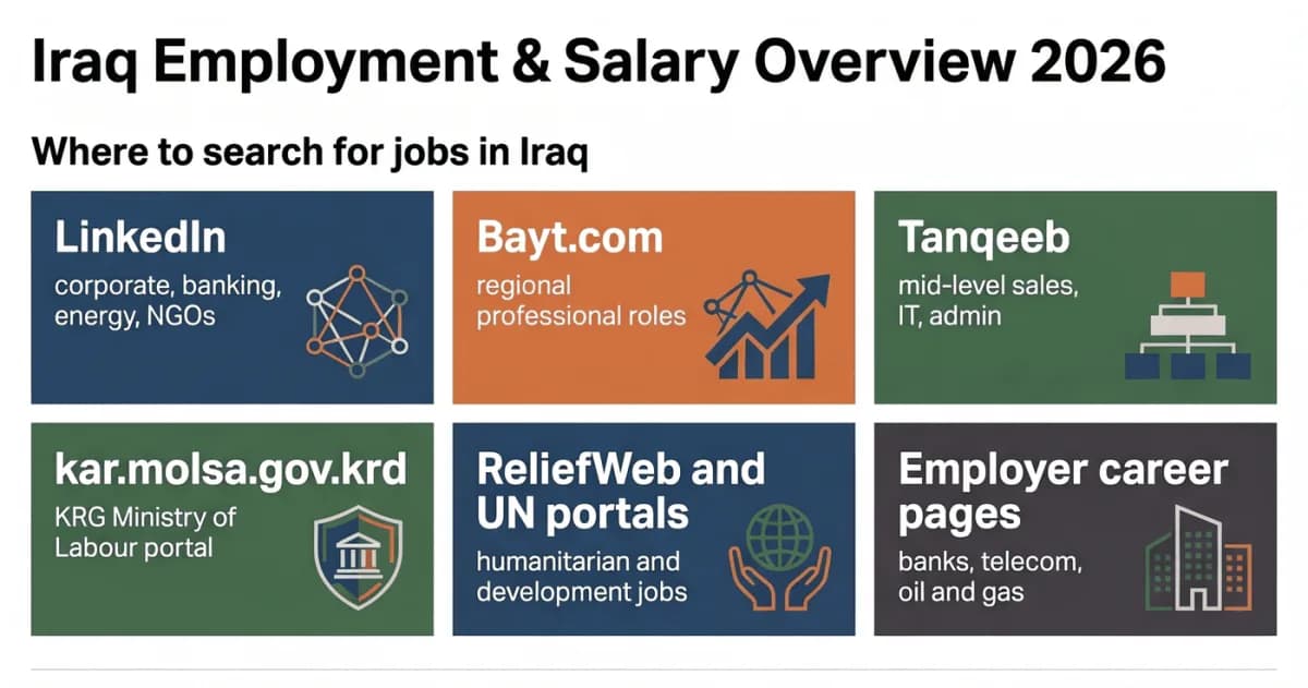 แหล่งหางานในอิรัก: LinkedIn, Bayt.com, Tanqeeb, พอร์ทัลกระทรวงแรงงานเคอร์ดิสถาน kar.molsa.gov.krd, ReliefWeb และพอร์ทัลของสหประชาชาติ รวมถึงหน้าอาชีพของนายจ้าง