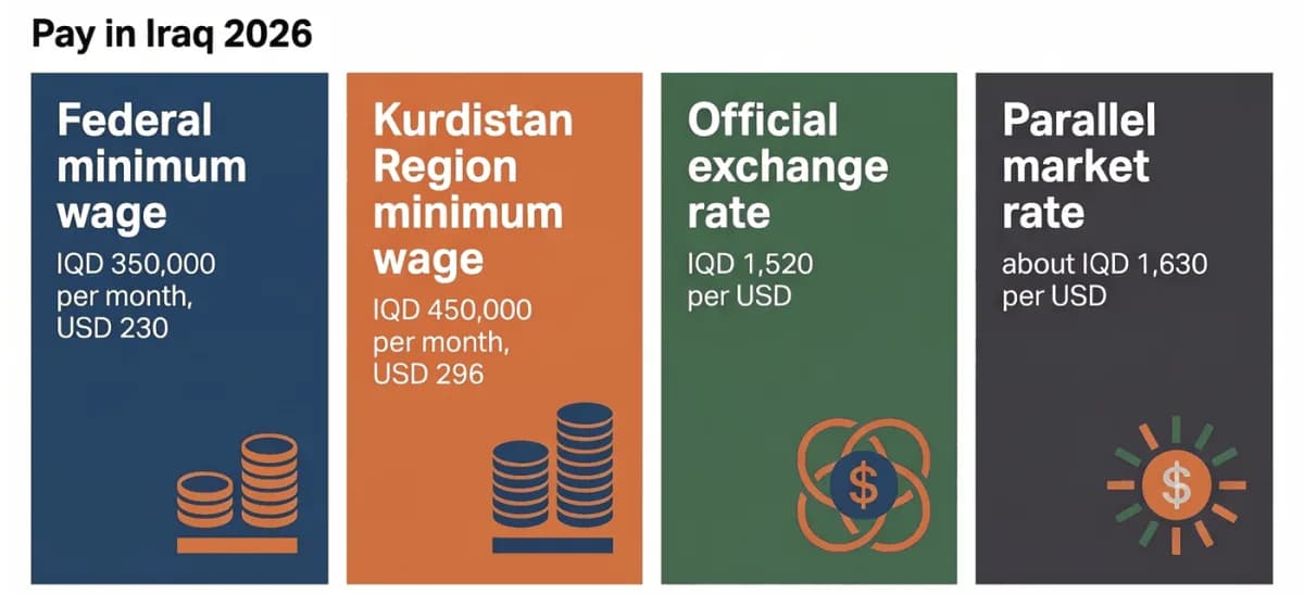 ค่าตอบแทนในอิรักปี 2026: ค่าจ้างขั้นต่ำส่วนกลาง IQD 350,000 (ประมาณ USD 230), ค่าจ้างขั้นต่ำเขตเคอร์ดิสถาน IQD 450,000 (ประมาณ USD 296), อัตราทางการ IQD 1,520 ต่อ USD, ตลาดคู่ขนานประมาณ IQD 1,630