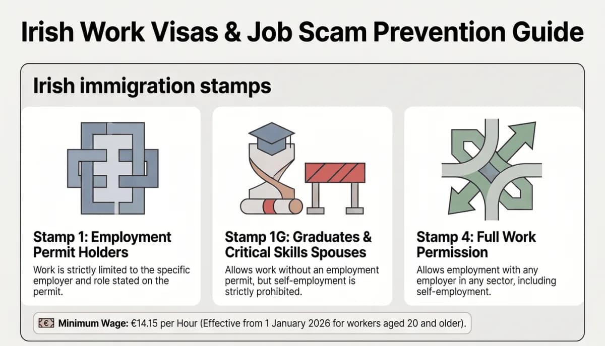 Irish immigration stamps: Stamp 1 for permit holders, Stamp 1G for graduates and spouses of Critical Skills holders, Stamp 4 for unrestricted work