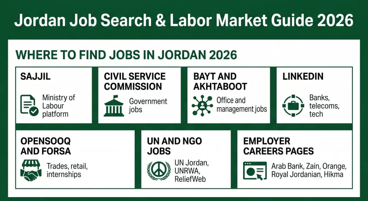 แหล่งหางานในจอร์แดน: Sajjil ภาครัฐ Akhtaboot Bayt LinkedIn งานของ UN และ NGO หน้าอาชีพของนายจ้าง และสำนักงานจัดหางานที่ได้รับใบอนุญาต