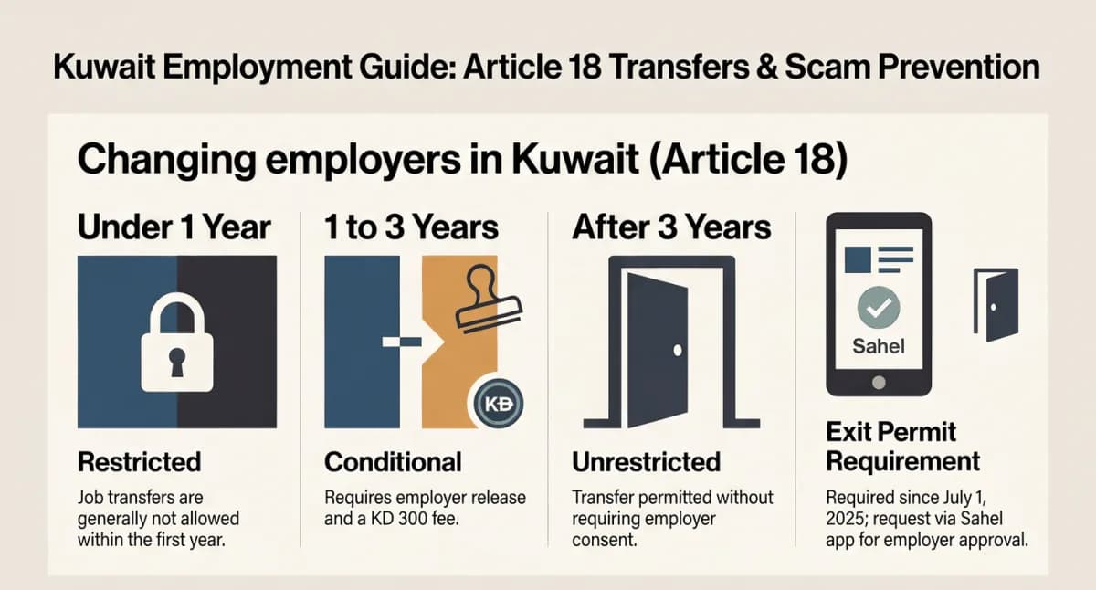 Kuwait Article 18 work permit transfer rules: under 1 year generally not allowed, 1 to 3 years with employer consent and a KD 300 fee, after 3 years without consent