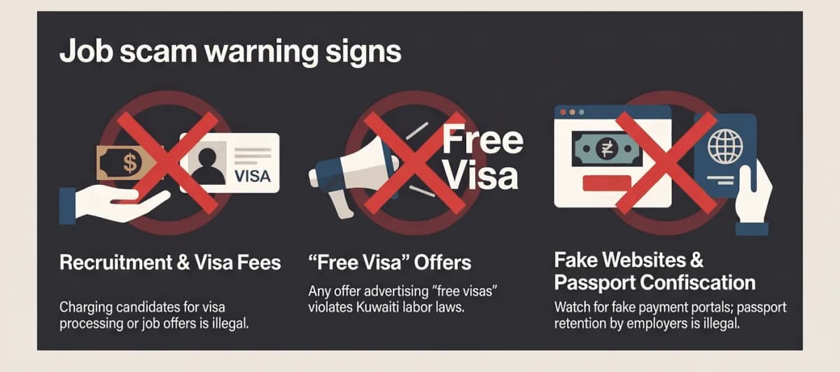 Tanda peringatan penipuan kerja di Kuwait: biaya visa, tawaran "visa gratis", situs pembayaran pemerintah palsu, penyitaan paspor