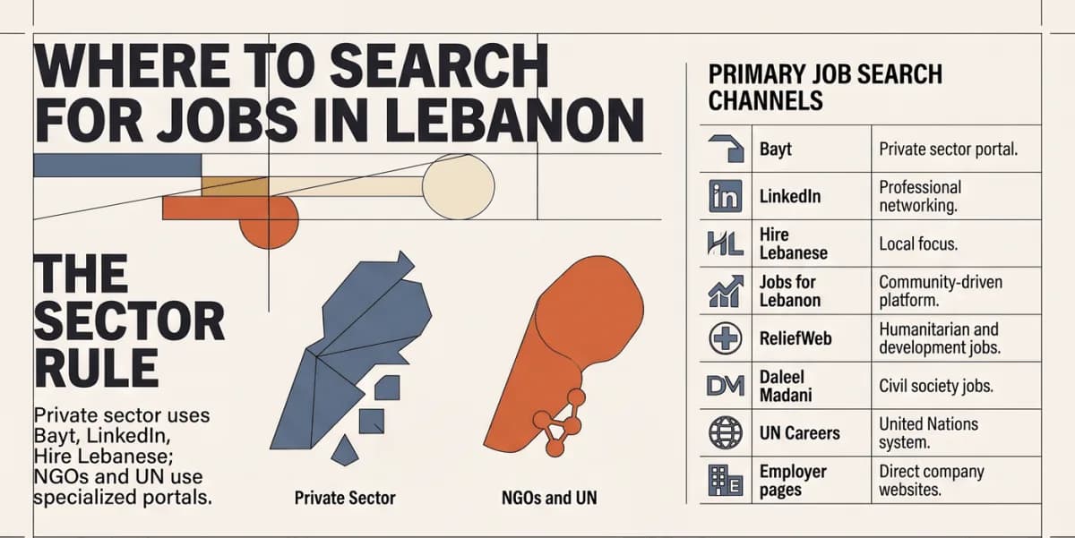 แหล่งหางานในเลบานอน: Bayt, LinkedIn, Hire Lebanese, Jobs for Lebanon, พอร์ทัลของสหประชาชาติและ NGO และหน้าสมัครงานของนายจ้าง