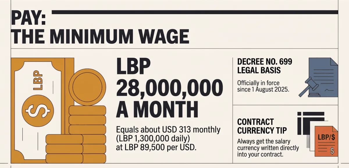 ค่าแรงขั้นต่ำภาคเอกชนของเลบานอน: LBP 28,000,000 ต่อเดือนหรือ LBP 1,300,000 ต่อวัน ตั้งแต่ 1 สิงหาคม 2025 ตามพระราชกฤษฎีกา 699 ราว USD 313 ที่อัตรา 89,500 ปอนด์ต่อดอลลาร์