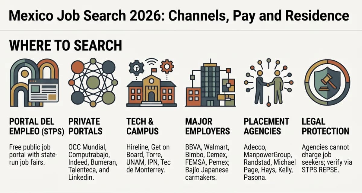 ช่องทางหางานในเม็กซิโกปี 2026: ลงทะเบียนที่ Portal del Empleo (STPS) ซึ่งใช้ฟรี เพิ่มเว็บไซต์ขนาดใหญ่หนึ่งถึงสองแห่ง เว็บหางานสายเทคโนโลยี หน้าสมัครงานของนายจ้าง และเอเจนซี่ที่ลงทะเบียน เอเจนซี่จัดหางานห้ามเก็บเงินจากผู้หางานโดยเด็ดขาด (Reglamento de Agencias de Colocación, มาตรา 5 และ 10)