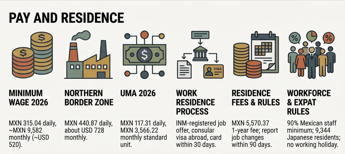 ค่าตอบแทนและใบอนุญาตในเม็กซิโกปี 2026: ค่าแรงขั้นต่ำทั่วไป MXN 315.04 ต่อวัน (ประมาณ USD 17) และเขตชายแดน MXN 440.87 การขอถิ่นที่อยู่ตามข้อเสนองานยื่นที่สถานกงสุลเม็กซิโก ผู้เข้าพำนักแบบผู้มาเยือนเปลี่ยนเป็นสถานะทำงานไม่ได้ อย่างน้อย 90% ของพนักงานนายจ้างต้องเป็นชาวเม็กซิกัน ไม่มีข้อตกลงเวิร์กกิ้งฮอลิเดย์กับญี่ปุ่น