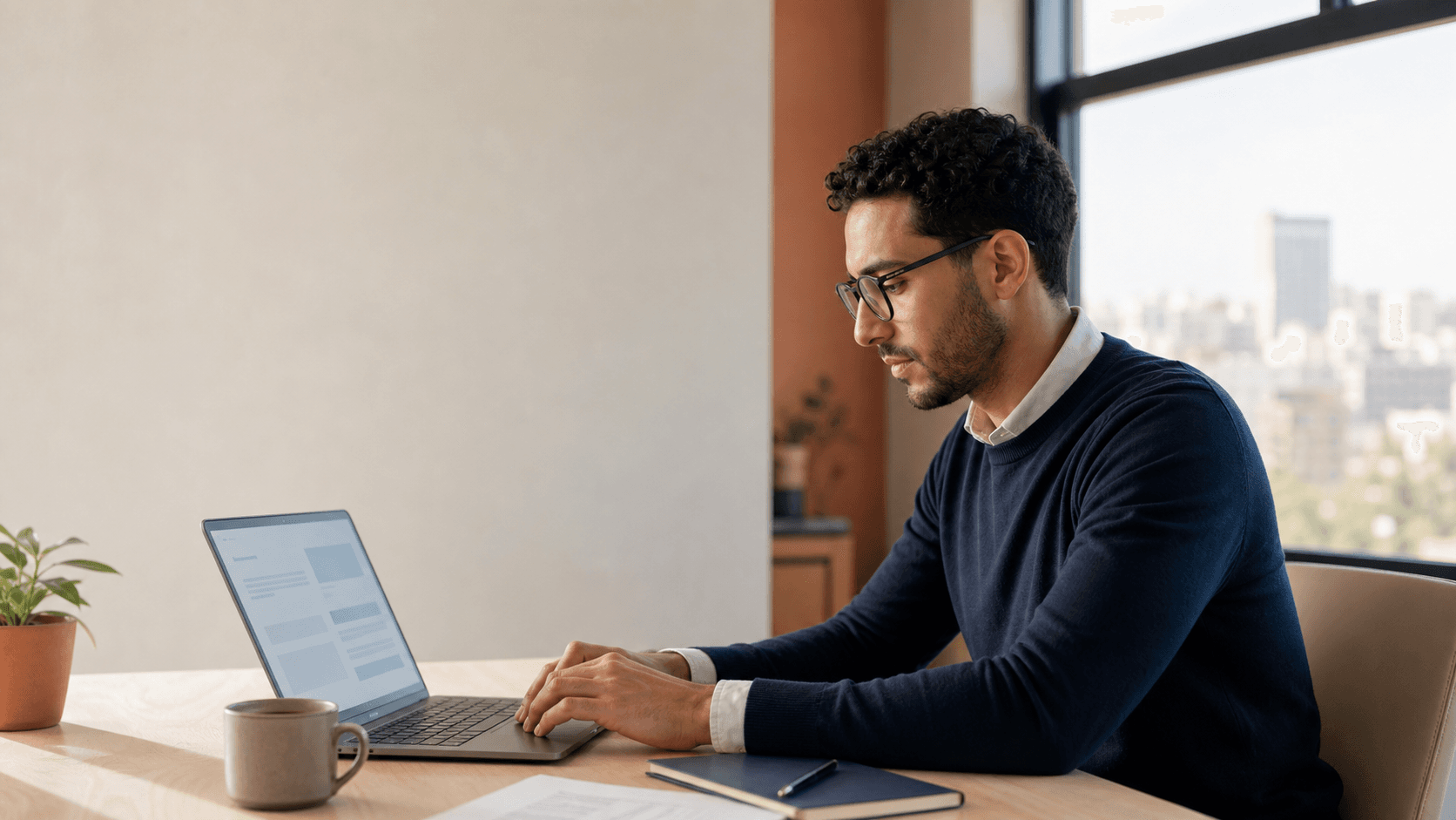 A Moroccan professional preparing a CV at a desk in Casablanca