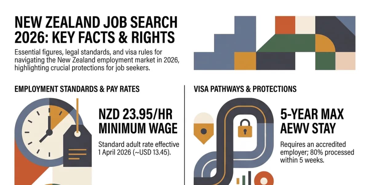 Fakta utama mencari kerja di Selandia Baru 2026: upah minimum dewasa NZD 23.95 per jam (sekitar USD 13.45) sejak 1 April 2026, dan Accredited Employer Work Visa hingga 5 tahun dengan 80% diputus dalam 5 minggu