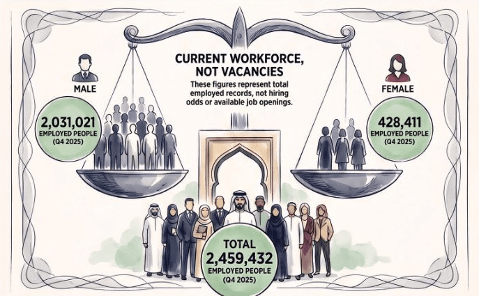 Qatar Q4 2025 employed people: 2,031,021 male, 428,411 female and 2,459,432 total; not vacancies or hiring odds