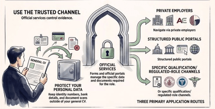 Qatar trusted-channel workflow: private employers, structured public portals and regulated-role routes, with sensitive documents kept out of a general CV