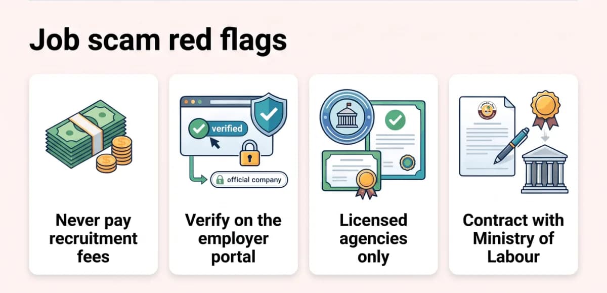 Qatar job scam red flags: no fees, verify the employer, check the contract with the Ministry of Labour