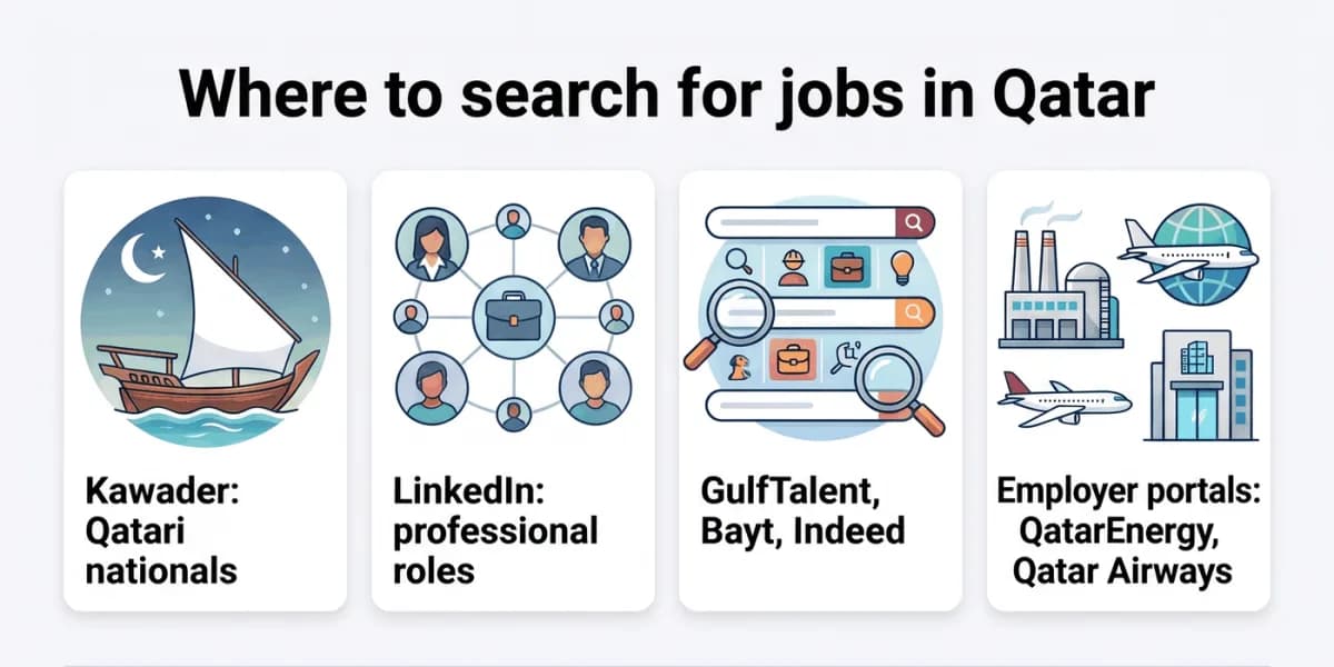 หางานในกาตาร์ที่ไหน: Kawader, LinkedIn, เว็บหางานระดับภูมิภาค และพอร์ทัลอาชีพของนายจ้าง