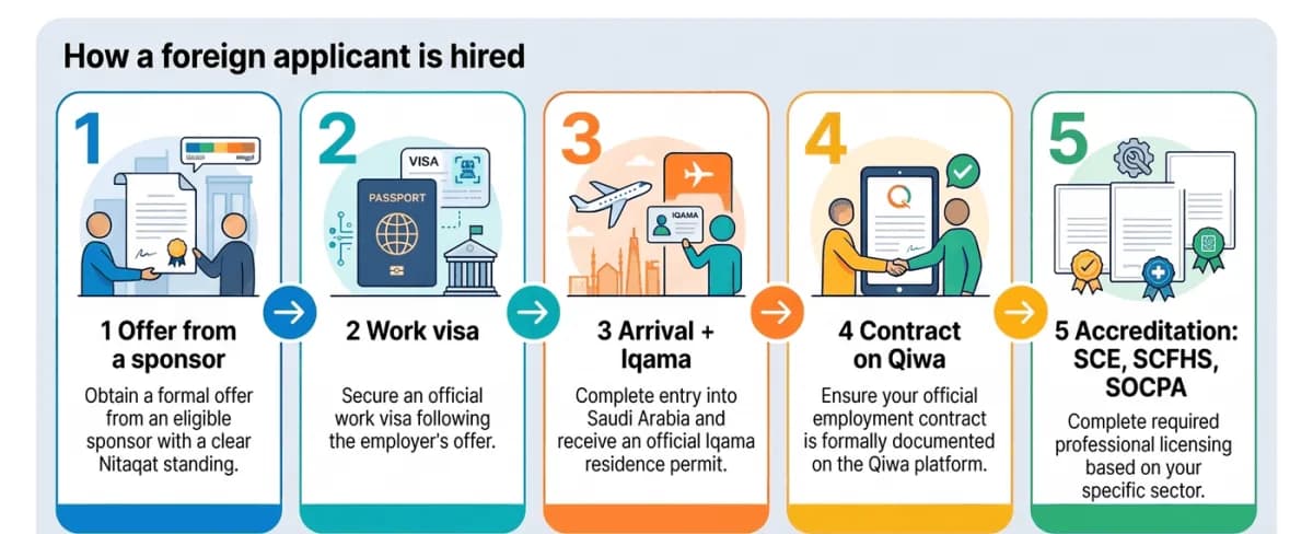 How a foreign applicant is hired in Saudi Arabia: offer, Qiwa contract, work visa, Iqama and professional accreditation