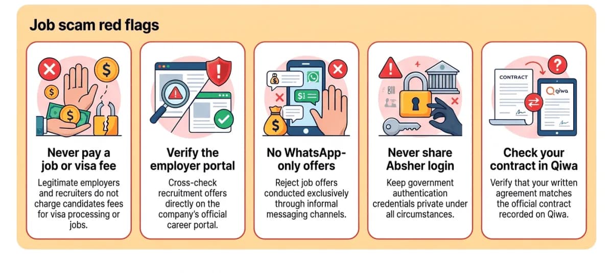 Saudi job scam red flags: no fees, verify the employer, no chat-only offers, protect Absher, check Qiwa