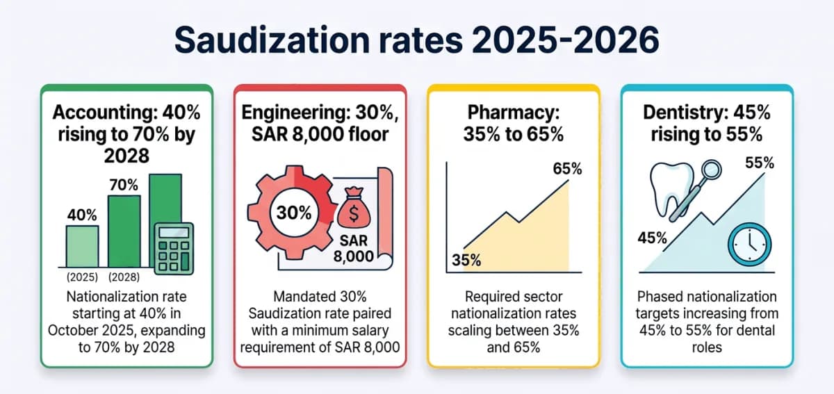 Saudization rates for accounting, engineering, pharmacy and dentistry in 2025–2026