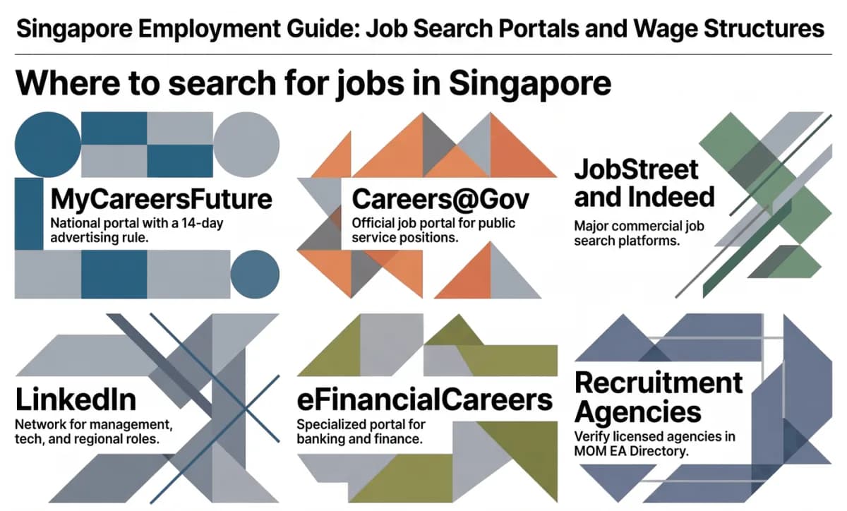 แหล่งหางานในสิงคโปร์: MyCareersFuture, Careers@Gov, JobStreet, LinkedIn, เว็บเฉพาะทาง, บริษัทจัดหางาน และหน้าสมัครงานของบริษัท