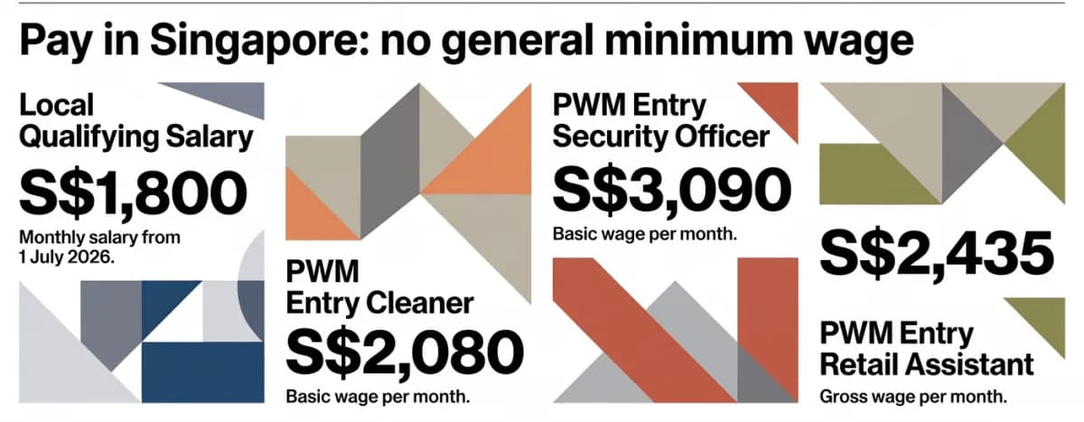 เพดานล่างของค่าจ้างในสิงคโปร์ปี 2026: ไม่มีค่าจ้างขั้นต่ำทั่วไป; Local Qualifying Salary S$1,800; Progressive Wages พนักงานทำความสะอาด S$2,080 เจ้าหน้าที่รักษาความปลอดภัย S$3,090 พนักงานค้าปลีก S$2,435
