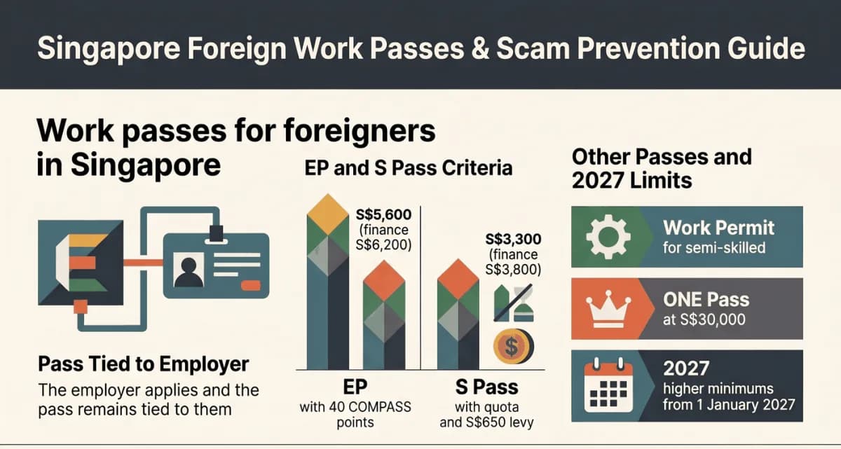 ใบอนุญาตทำงานของสิงคโปร์ปี 2026: Employment Pass เริ่ม S$5,600 พร้อม COMPASS, S Pass เริ่ม S$3,300, Work Permit, ONE Pass S$30,000; เงินเดือนขั้นต่ำปรับขึ้นอีกในเดือนมกราคม 2027