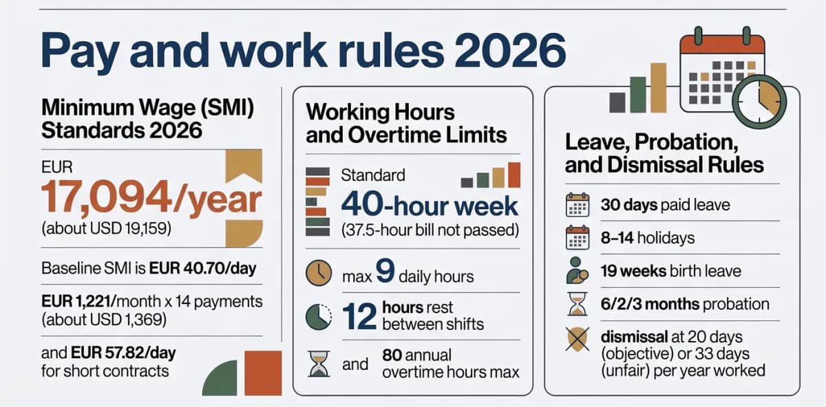 ค่าจ้างและกฎการทำงานในสเปนปี 2026: ค่าแรงขั้นต่ำ SMI ปีละ 17,094 ยูโร (ประมาณ 19,159 ดอลลาร์สหรัฐ) วันละ 40.70 ยูโร เดือนละ 1,221 ยูโร x 14 งวด สัญญาระยะสั้นวันละ 57.82 ยูโร; สัปดาห์ละ 40 ชั่วโมง สูงสุดวันละ 9 ชั่วโมง พัก 12 ชั่วโมง ล่วงเวลาปีละ 80 ชั่วโมง; ลาพักร้อนมีเงินเดือน 30 วัน วันหยุด 8 ถึง 14 วัน ลาคลอด 19 สัปดาห์ ทดลองงาน 6/2/3 เดือน ค่าชดเชยเลิกจ้าง 20 หรือ 33 วันต่อปี