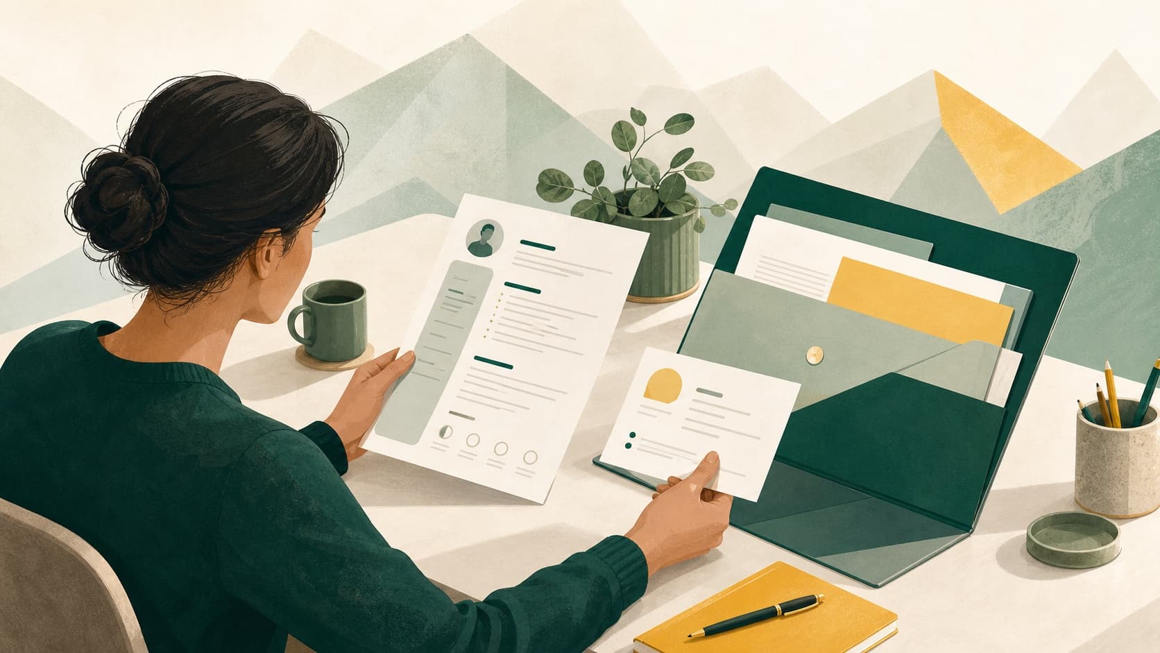 A fictional jobseeker comparing a Swiss vacancy with a concise CV and supporting documents