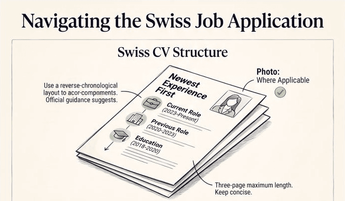 Swiss CV structure: newest experience first, a three-page upper guidance limit, and a photo where applicable