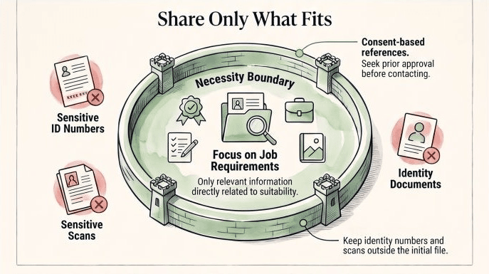Swiss CV privacy boundary: job-relevant evidence inside; sensitive IDs and scans outside; references require consent