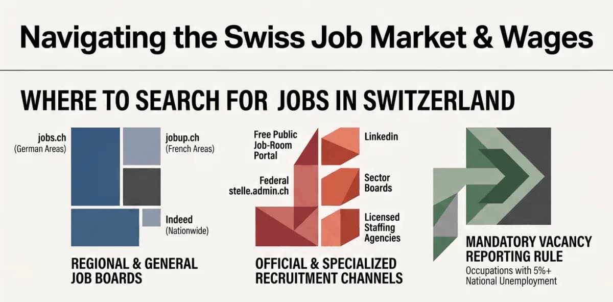 แหล่งหางานในสวิตเซอร์แลนด์: jobs.ch, jobup.ch, Job-Room, LinkedIn, เว็บเฉพาะสายงาน, บริษัทจัดหางาน และหน้าอาชีพของนายจ้าง