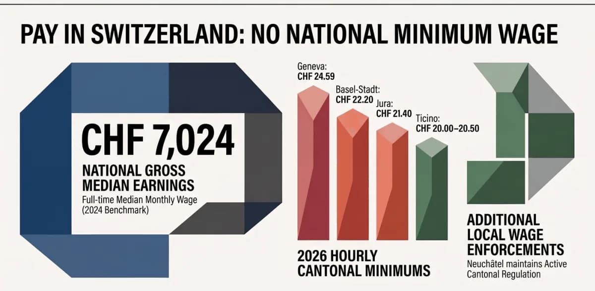 ค่าแรงขั้นต่ำรายมณฑลของสวิตเซอร์แลนด์ปี 2026: เจนีวา 24.59 CHF, บาเซิล-ชตัดท์ 22.20 CHF, ยูรา 21.40 CHF, ติชีโน 20.00 ถึง 20.50 CHF ต่อชั่วโมง; เนอชาแตลก็มีค่าแรงขั้นต่ำเช่นกัน