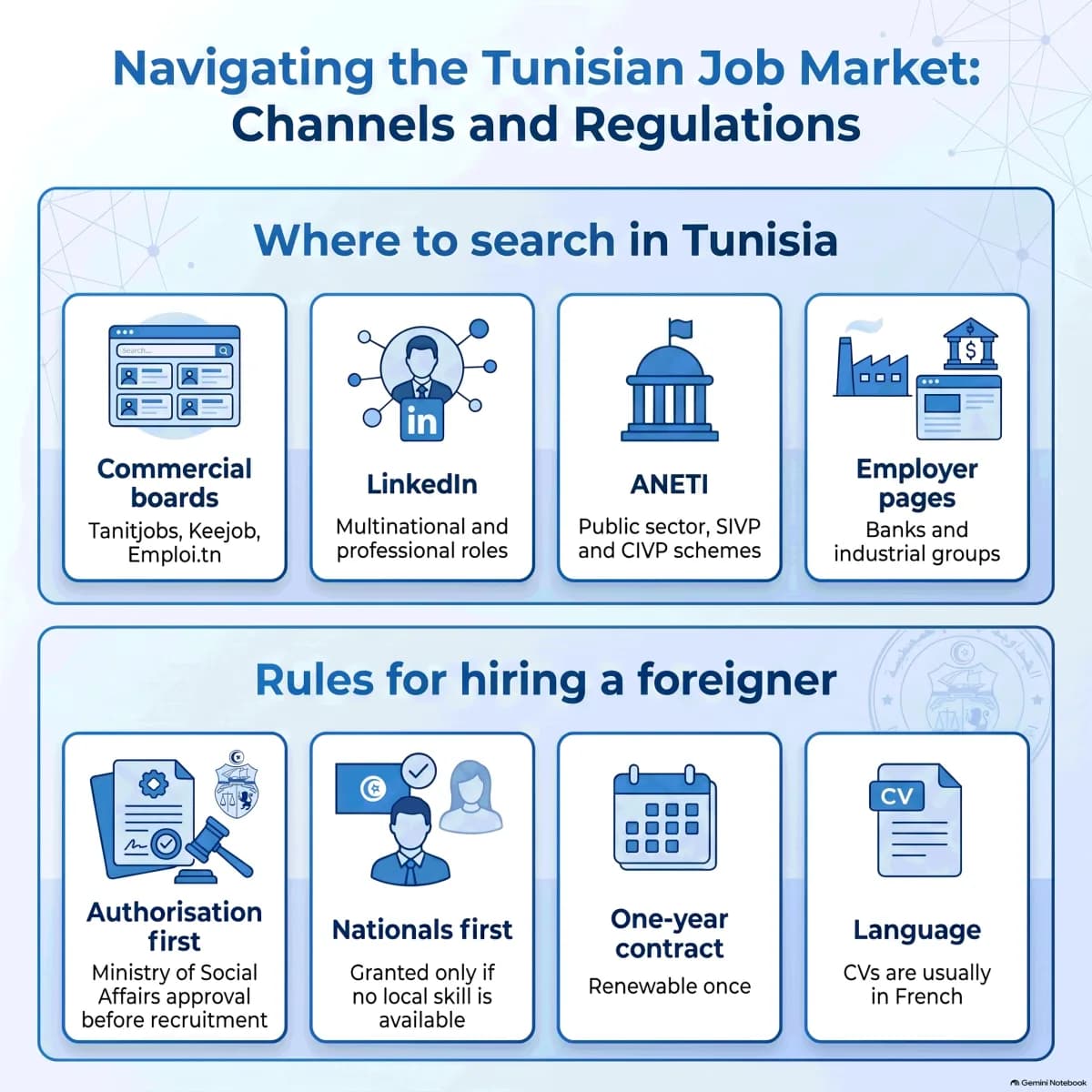 Tunisia job-search channels: commercial boards, the ANETI public service, and employer pages